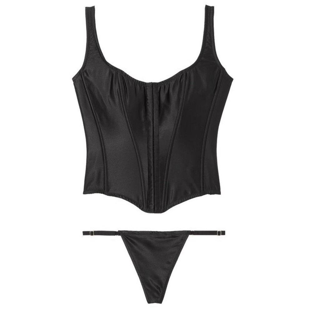Victoria's Secret The Classic Corset Set 100% Silk 2 Piece Small Black NWT
